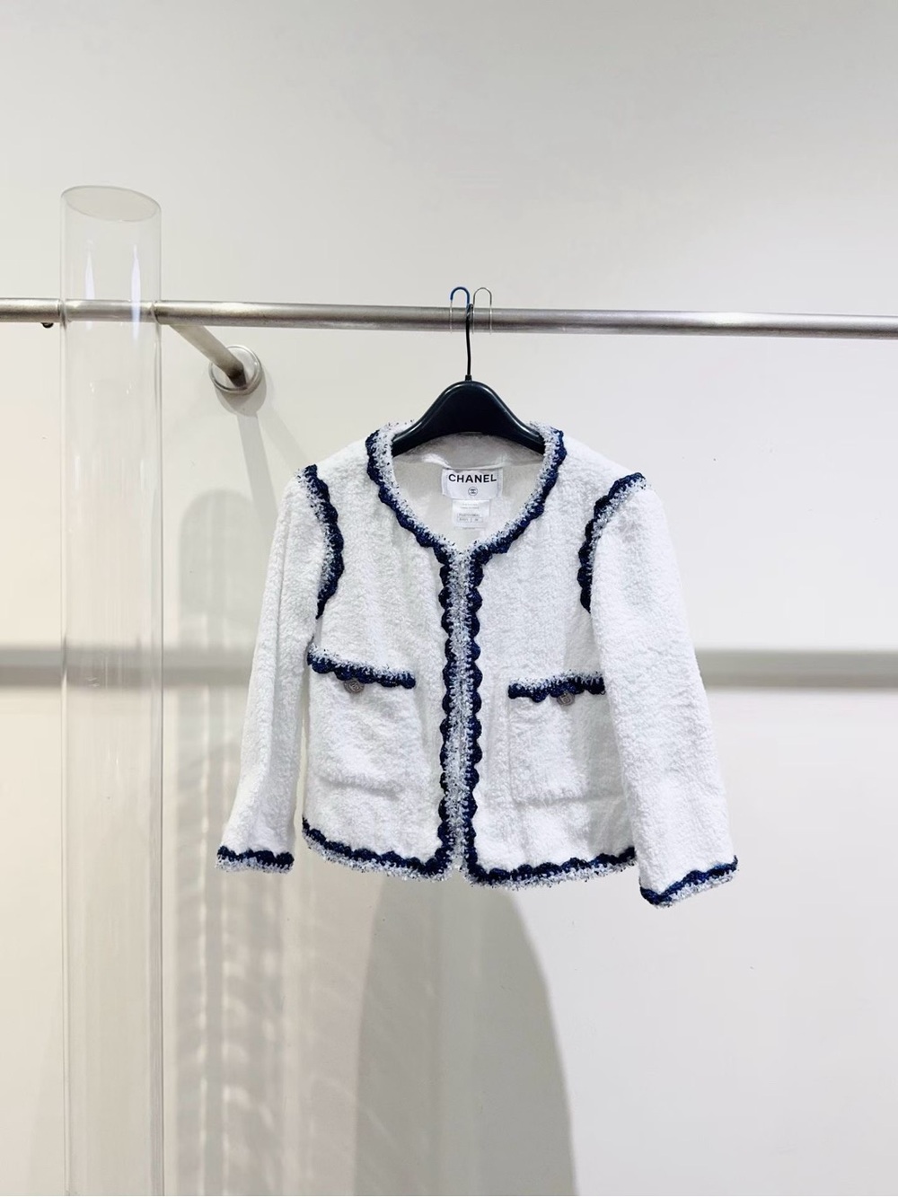 CHANEL Girls White Bouclé Jacket with Navy Trim